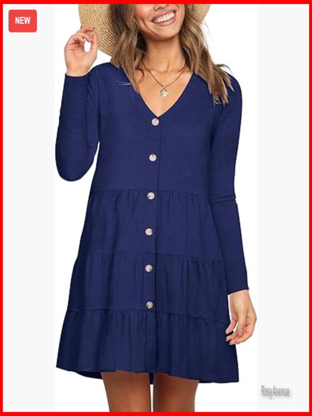 Long Sleeve V-Neck Button Down Casual Swing Dress A-Line Fit Regular